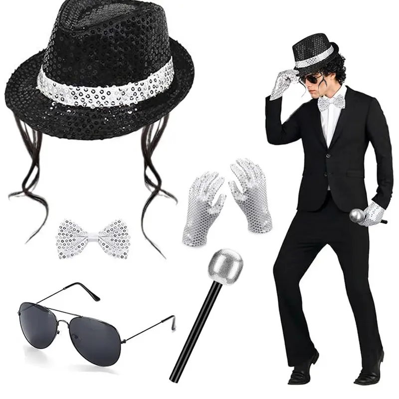 Disco payetli şapka, kravat ve eldiven seti, Michael Jackson kostümü