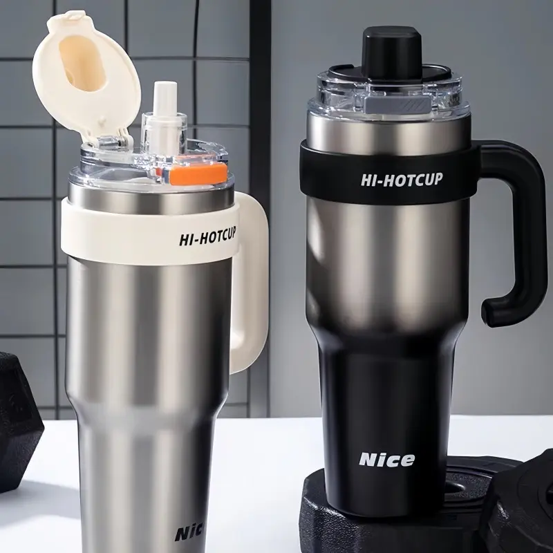 Large-Capacity Men's Thermos with Ceramic Liner and Straw Lid