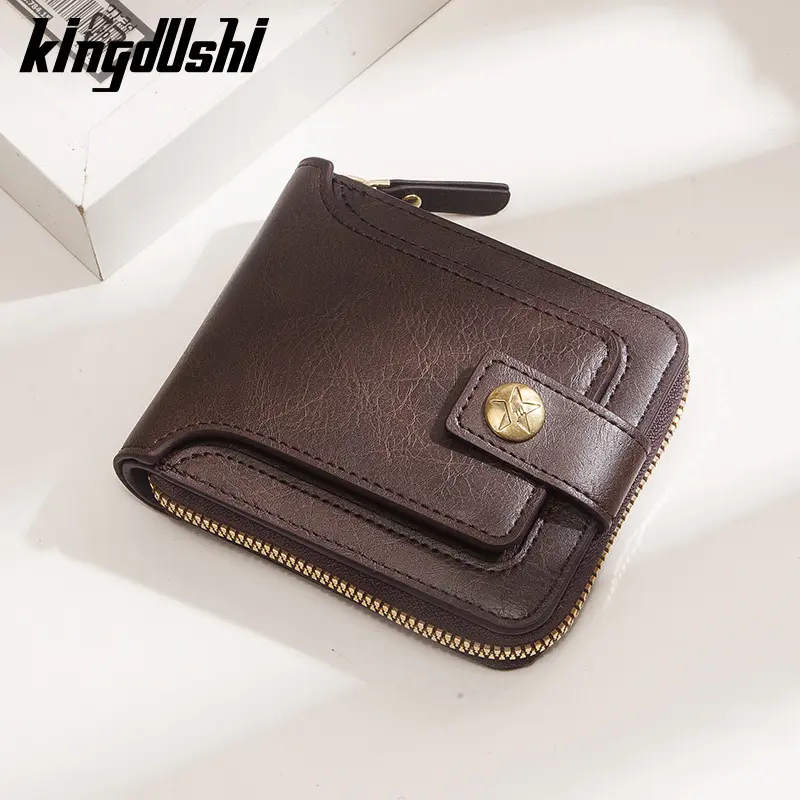 Men's Short Leather Wallet, Retro Horizontal Zipper, Card Holder