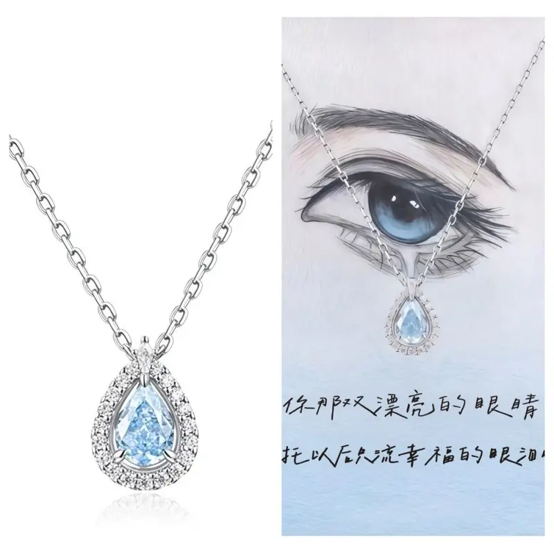 S999 sterling silver blue tears necklace with luxury water drop design