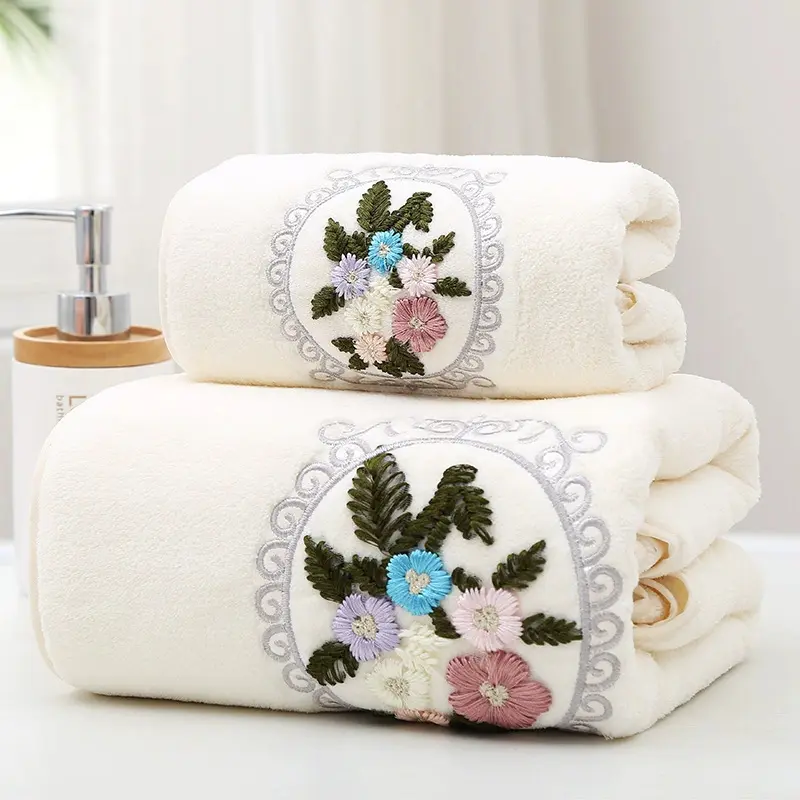 Embroidered bath towel set 2-piece, soft absorbent