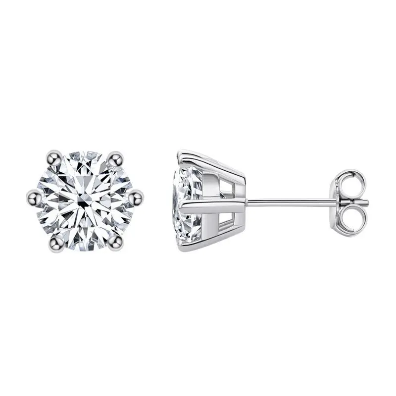 S925 Silver Moissanite Stud Earrings, Six-Claw, D-Color, for Women
