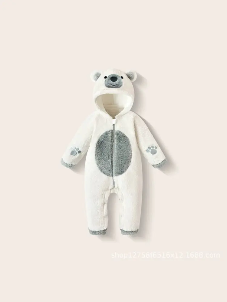 Baby Plush Romper, Cartoon Animal Design, Zipper Front, Autumn Winter