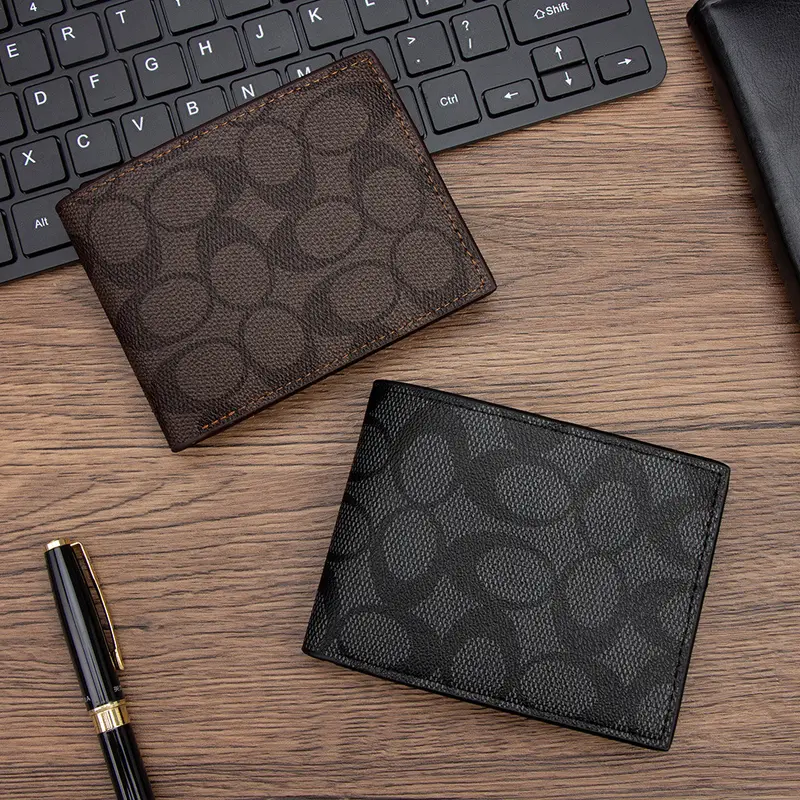 Men's Short Bi-Fold Thin Leather Wallet with C-Pattern and Zipper Coin Pocket