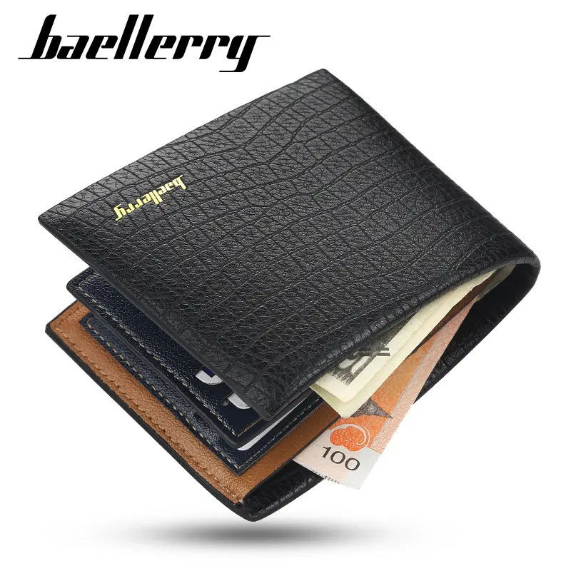 Baellerry Men's Short Wallet, Crocodile Pattern, Slim Tri-Fold