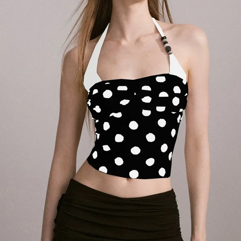 Halter yoga top, polka dot, beaded, high-elastic fabric