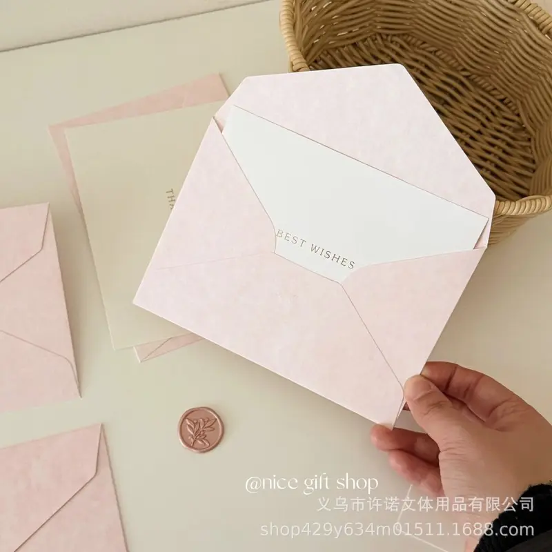 Pink Lambskin-Pattern Envelope Card and Wax Seal Set