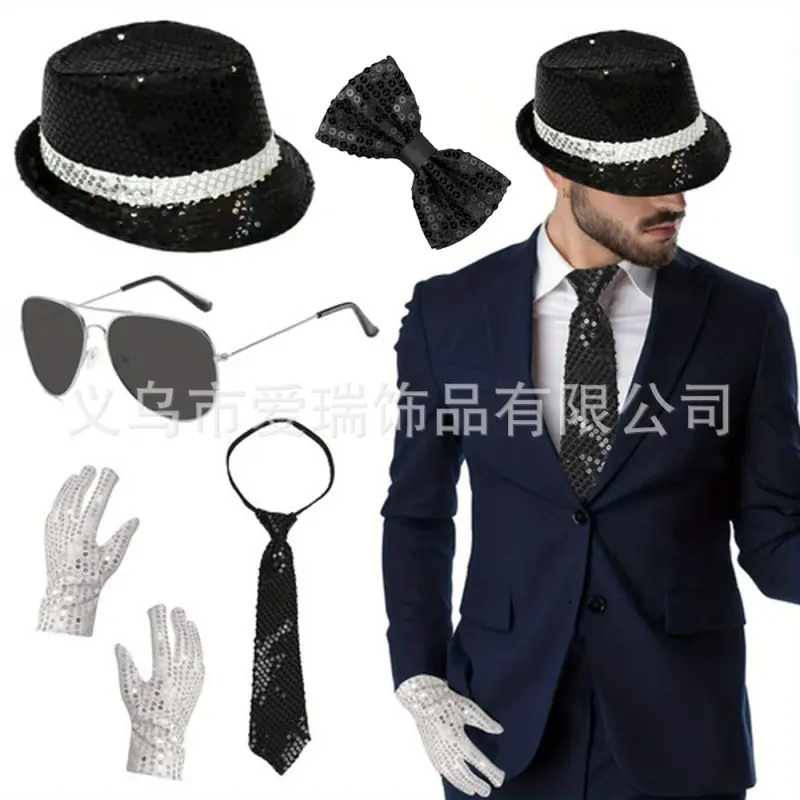 1970s Disco Party Sequin Hat, Gloves, Bow Tie and Shoulder Straps Set