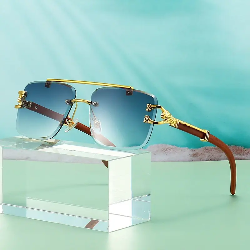 Frameless Square Sunglasses, Leopard Print, Wood-Grain Temples, UV Protection
