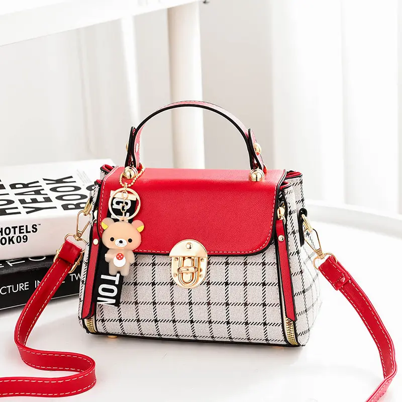 Plaid Women's Handbag, Single-Shoulder Strap Bag with Charm