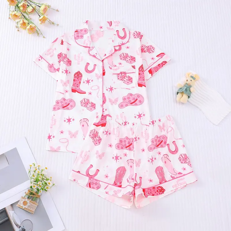 Women's Short-Sleeve Shorts Pajama Set, Year-Round, Denim Print Collar