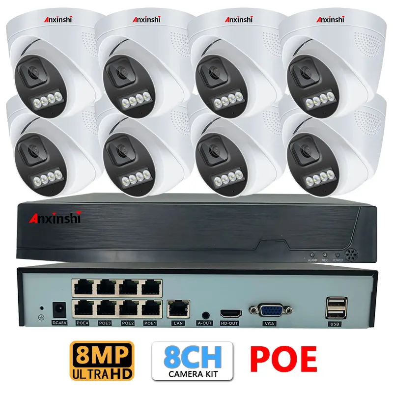 8CH Kamera Kiti Su Geçirmez Tam Renkli Ip Cctv POE Kamera APP Üzerinden Uzaktan İzleme ve Oynatma
