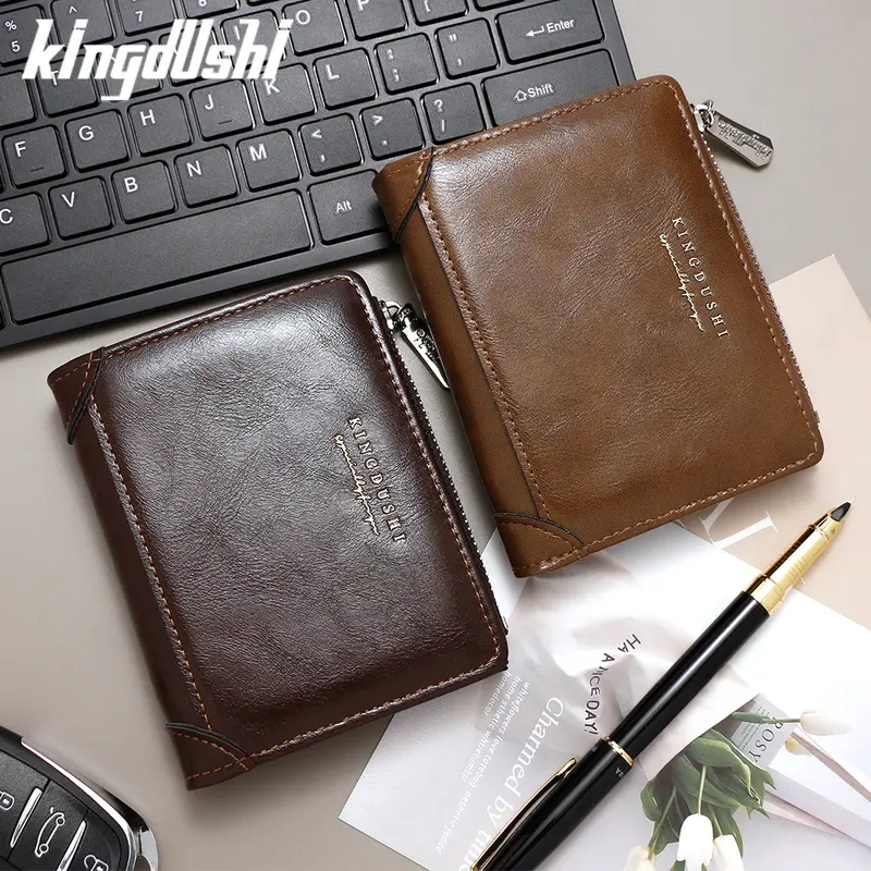 Men's Short Wallet, Retro Business Style, Side-Zip Coin Pouch