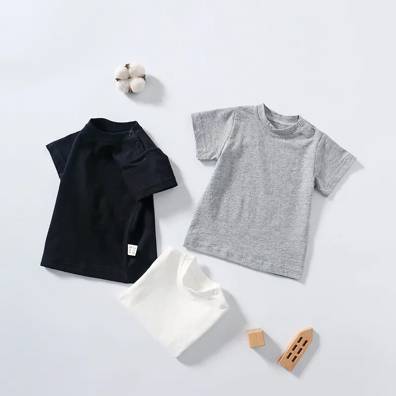 Baby-Kurzarmshirt, Rundhals, Schulterknöpfe, Baumwolle, einfarbig