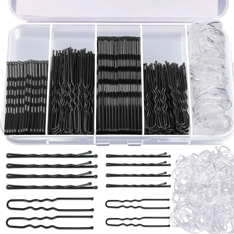 Haarklammer-Set, bunte Haargummis, U-Haarnadeln, in Box