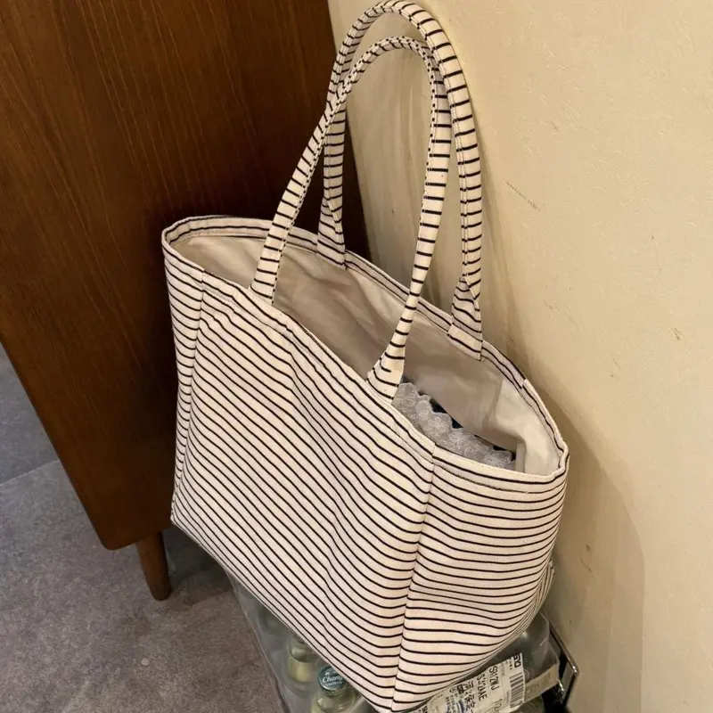 Korean Style High-Appearance Striped Canvas Tote Bag Large Capacity New Model Commute Handbag Single Shoulder Bag Women Shopping Bag