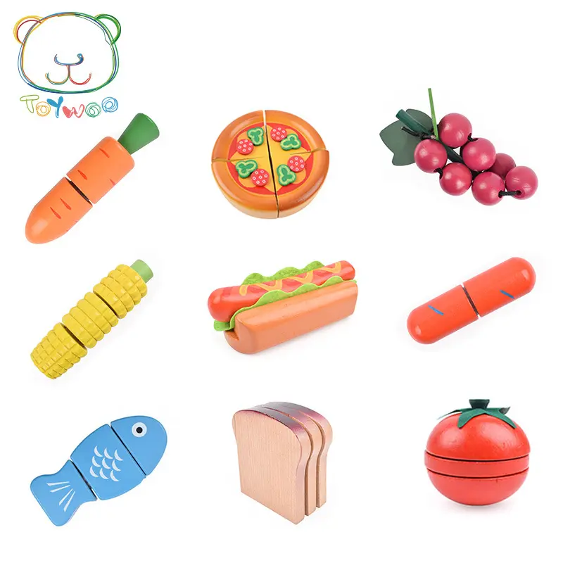 Wooden Toy Fruit and Vegetable Cutting Set, Velcro, Realistic Kitchen Toy