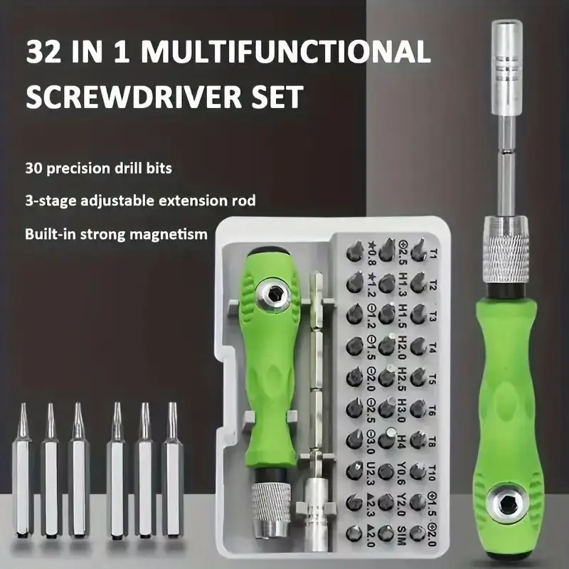 32-in-1 screwdriver set for home use, precision tools for disassembling and repairing mobile phones and computers, Phillips and flat head bits.