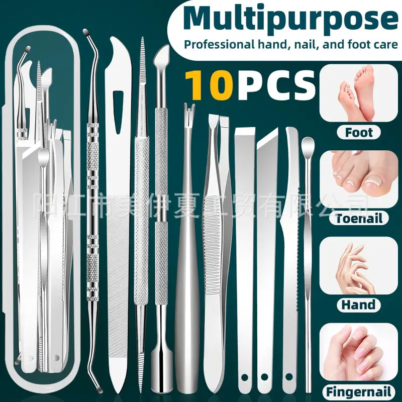 Cross-border Best-Selling Stainless Steel Pedicure Knife Set with Foot Fork and Double-Head Nail Cleaner Foot Rasp 5-Piece Set 10-Piece Set Boxed