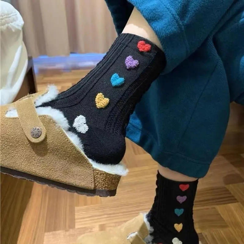 Korean Women's Mid-Calf Socks, Embossed Heart Pattern, Colorful