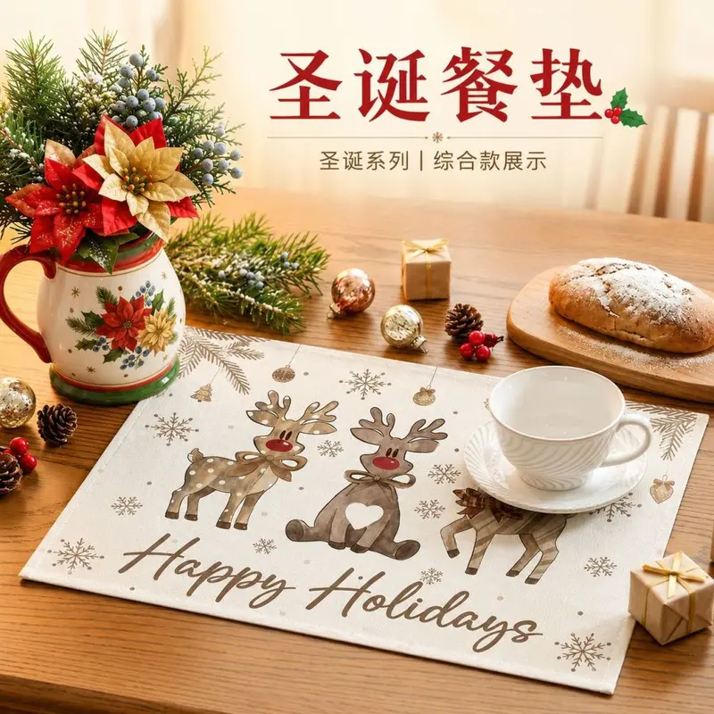 Weihnachts-Tischset mit Elch-Motiv, wasser- und ölabweisend