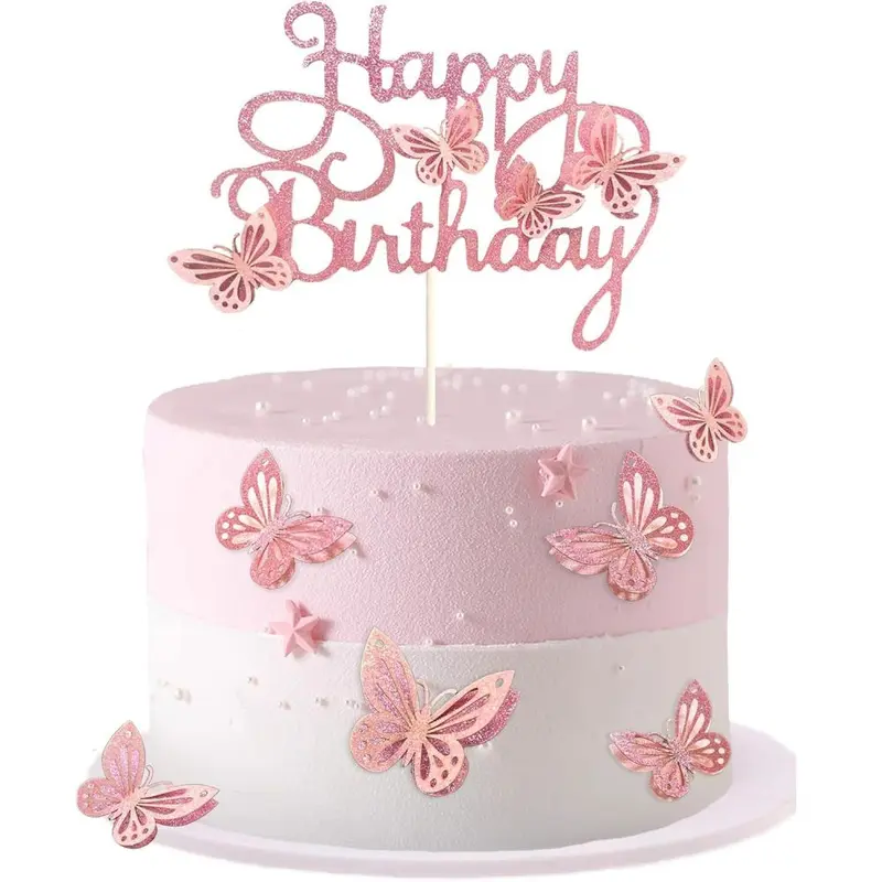 13 pcs Gold Glitter Butterfly Happy Birthday Cake Topper Set