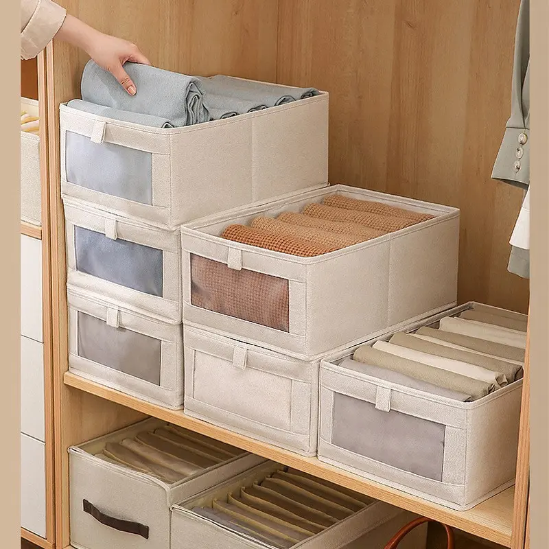 Baumwoll- und Leinenspeicherbox mit Sichtfenster, Kleiderschrank-Aufbewahrungsbox für zu Hause, faltbare Stoff-atmungsaktive staubdichte Kleidungsorganizer.