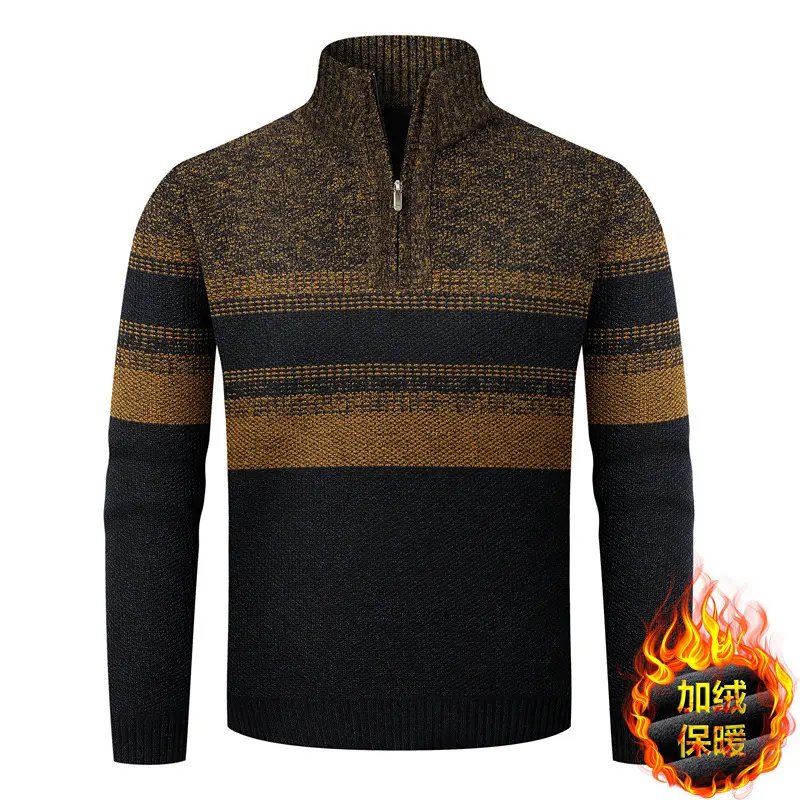 Herren-Strickpullover mit Stehkragen, Halbreißverschluss und Fleece-Futter