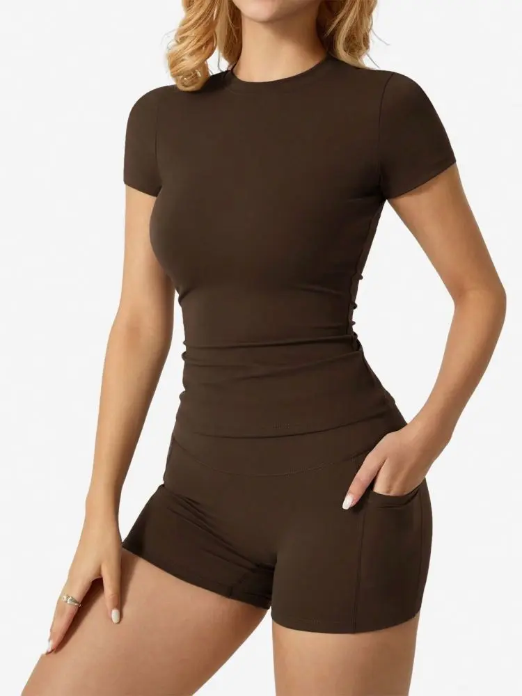 Women's Yoga Set 15 Colors, Nylon Double-Sided Brushed, Pocket Top and Shorts