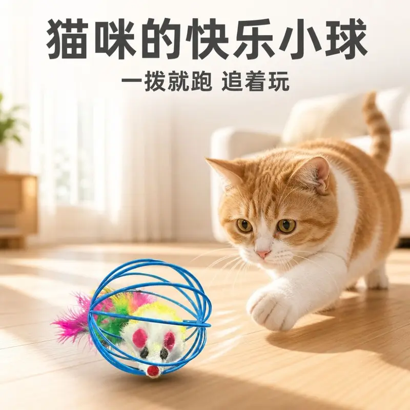 Cat Toy Set with Caged Mouse, Feather Teaser Wand and Play Ball