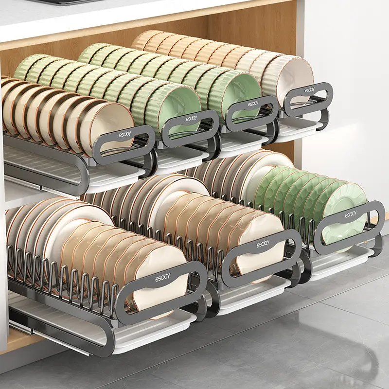 Kitchen pull-out dish rack with draining shelf