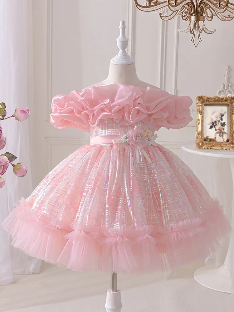 Mädchen One-Shoulder Prinzessinnenkleid aus rosa Tüll, Blumenmädchen
