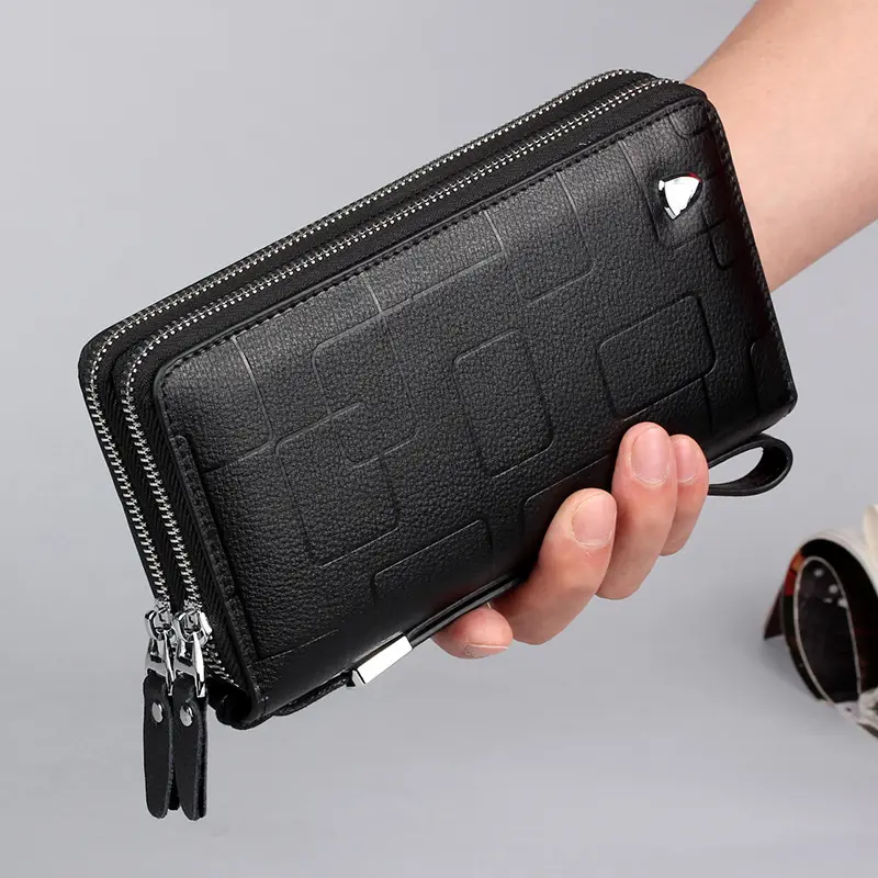 Men's Genuine Leather Long Zip Wallet with Cowhide Clutch Design