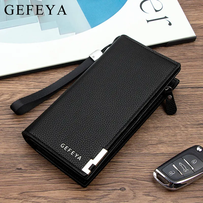 Men's Long Leather Wallet with Zipper and Card Slots, Large Capacity