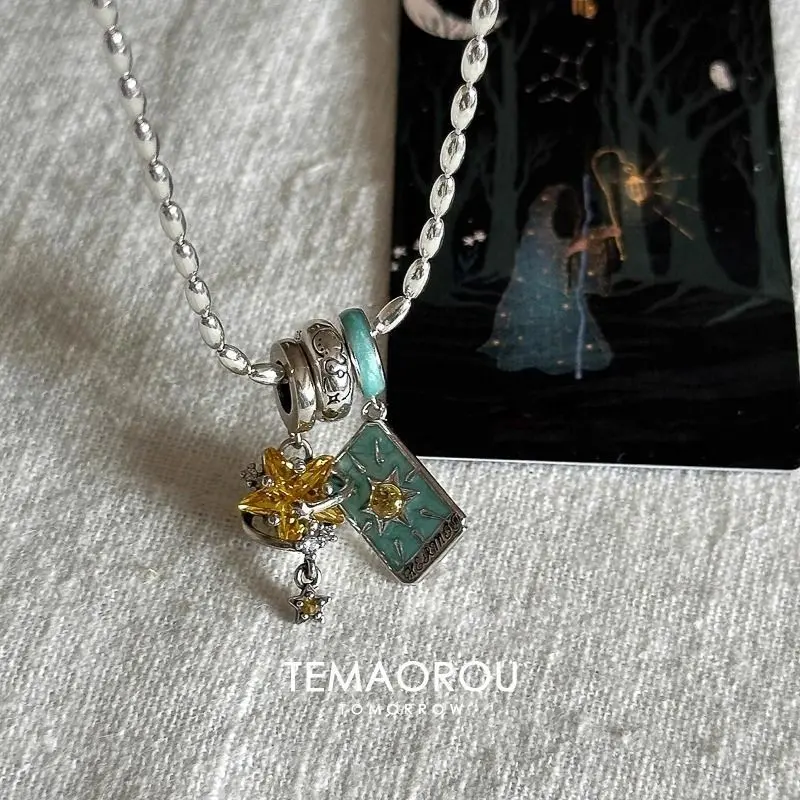 Tarot kartı kolye, mavi glitter, yıldız tasarımı, gırtlak zinciri