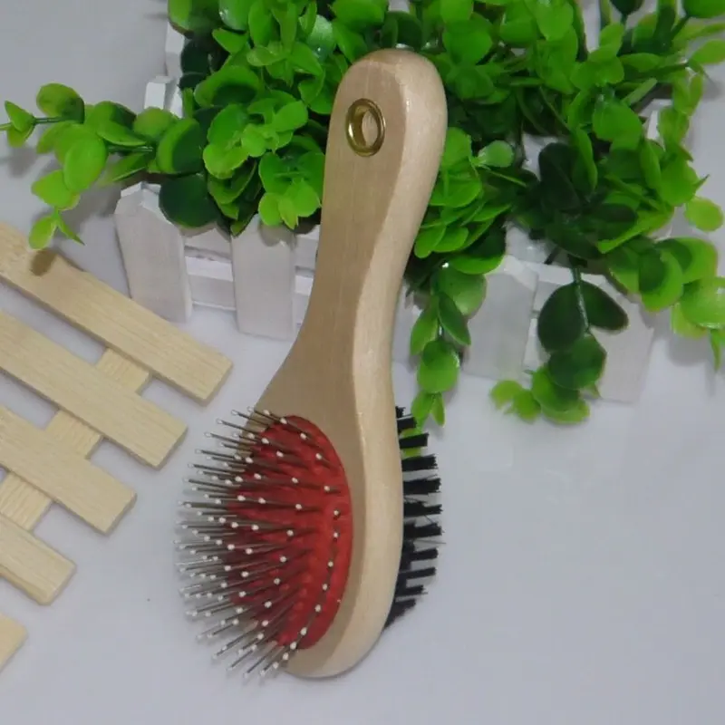 Ahşap saplı çift taraflı evcil hayvan masaj tarağı ve banyo fırçası