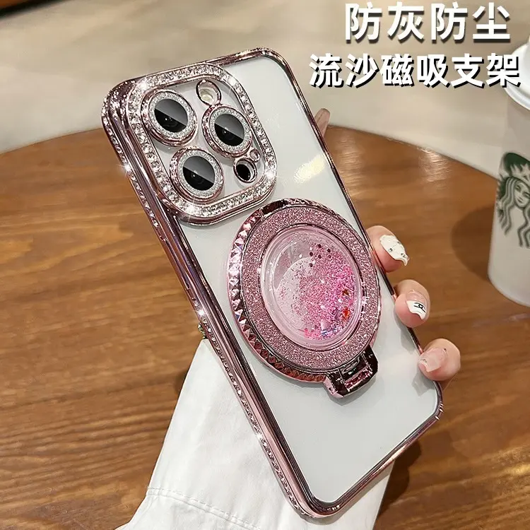 Transparent Soft iPhone 15 Case, Electroplated, Magnetic, Rhinestone Stand