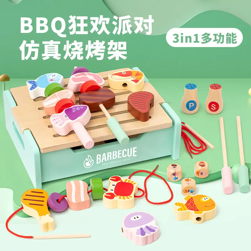 Children's Wooden Barbecue Grill Play Set, Realistic Kitchen Pretend Toy