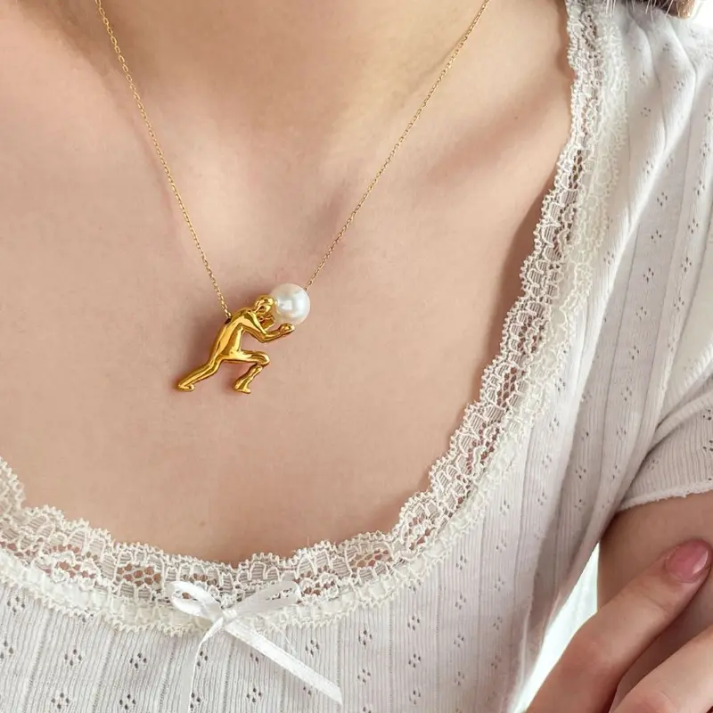 Pearl Pendant Necklace with Push-Motion Mini Figure, Collarbone Chain