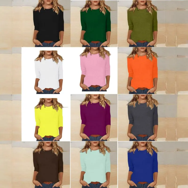 2026 grenzüberschreitend Amazon neue Damen Rundhals T-Shirt, 3/4 Ärmel und einfarbiger Oberteil
