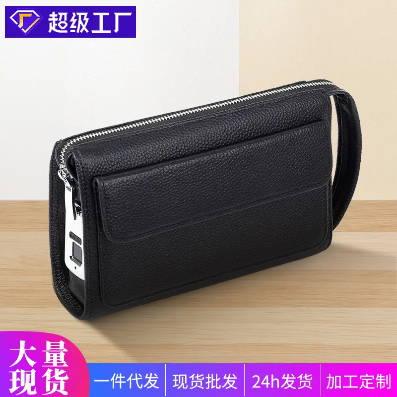Herren-Clutch aus Echtleder mit Fingerabdruckschloss, diebstahlsicher