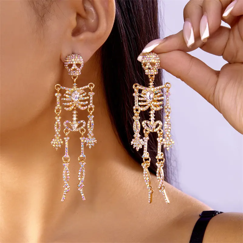 Halloween-Retro-Totenkopf-Ohrringe mit Strass, auffälliges Design
