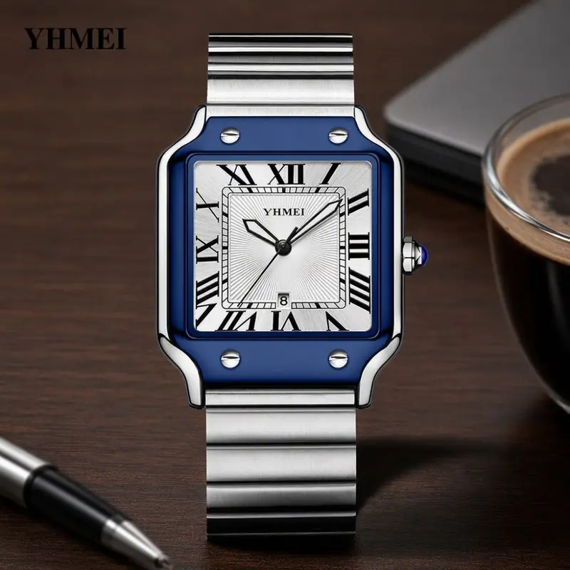 YHMEI Square Quartz Watch Men's Watch Stainless Steel Band Calendar Waterproof Daily Wristwatch