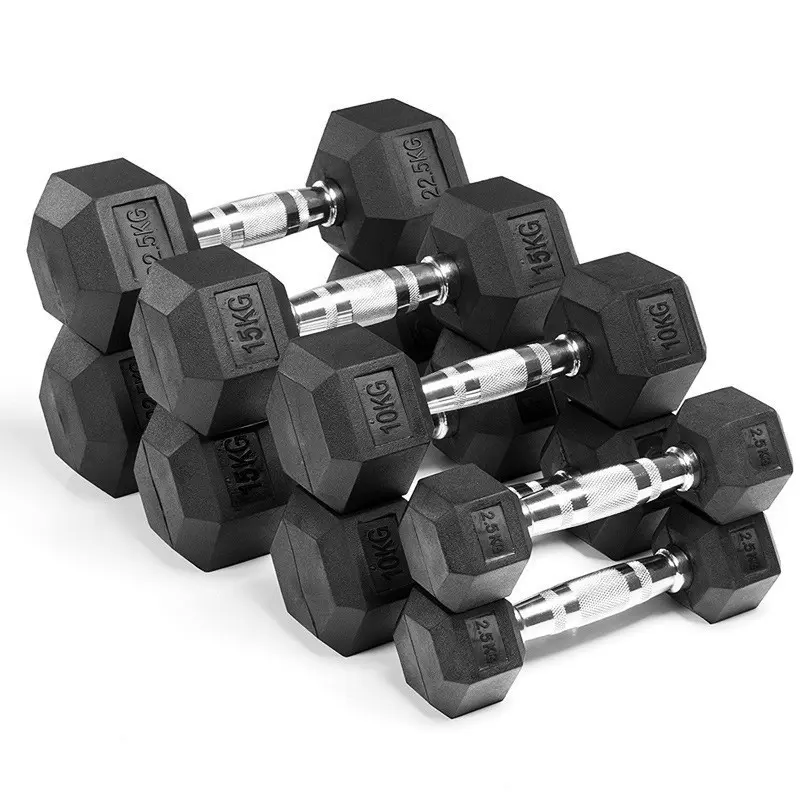 Hexagonal rubber-coated iron dumbbell set