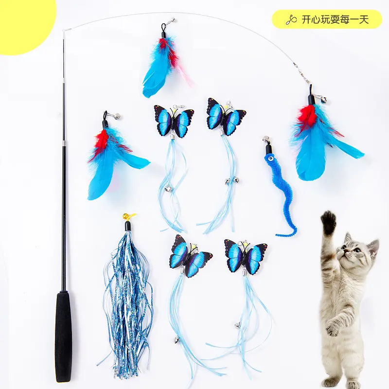 逗猫棒套装羽毛铃铛逗猫杆仿真蝴蝶毛毛虫猫咪玩具宠物用品批发