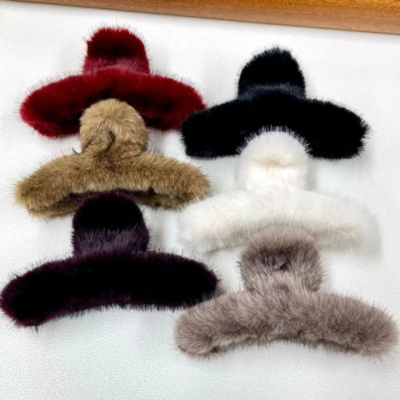 Oufile'in yeni Kore tarzı vizon saç tokası, kadınların saçları için başın arkasında, büyük peluş saç tokası, köpekbalığı tokası saç aksesuarı