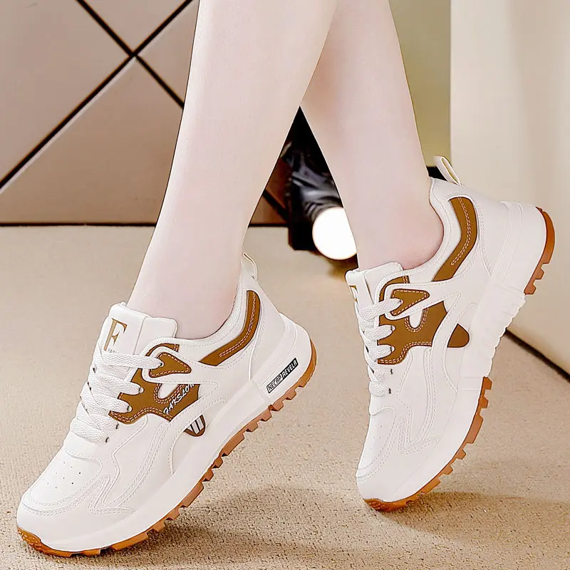 Plus Size Lightweight Running Shoes for Women, Leather-Look Casual Dad Sneakers