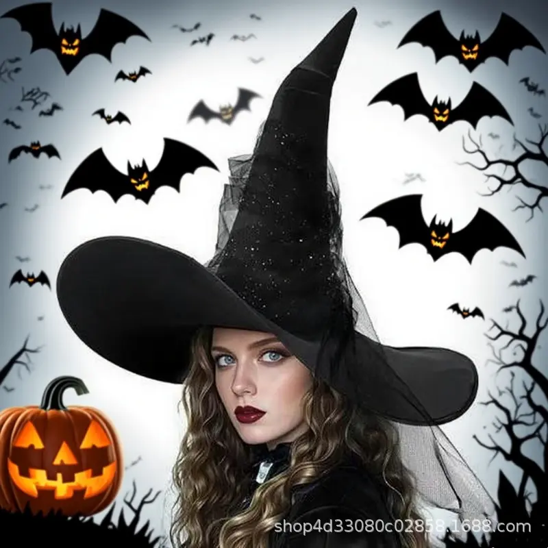 Halloween Black Pleated Mesh Witch Hat with Tassel