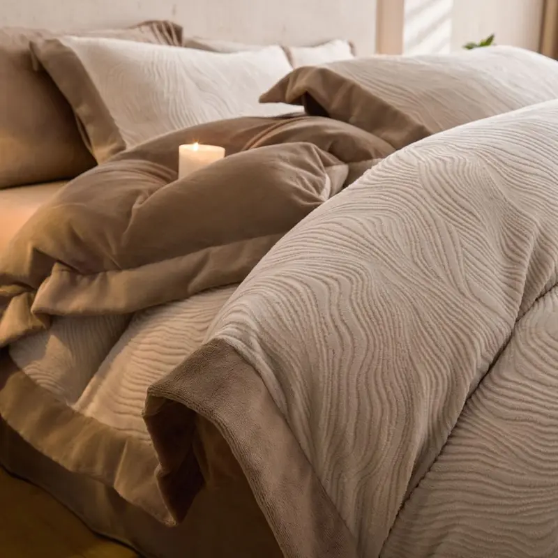 Winter Embossed Milk Velvet Bedding Set, 4-Piece with Fitted Sheet