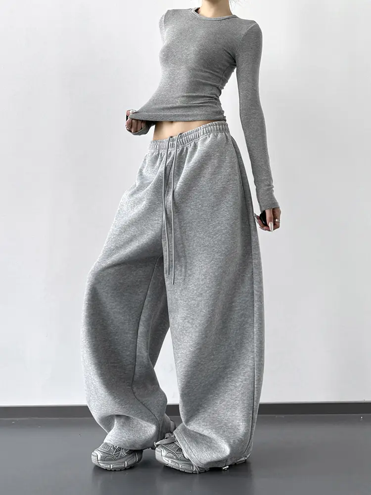 Damen-Jogginghose in Grau, hohe Taille, weites Bein, Herbst 2025
